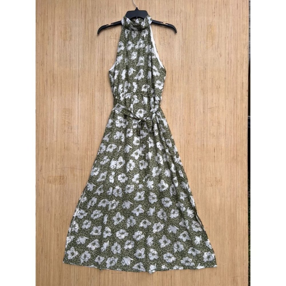 FLJ Studio - Women's Floral Halter Maxi Dress - Green/White - Medium